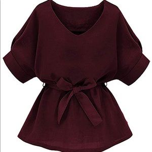 NWT Burgundy V-Neck Tie Waste Peplum Top